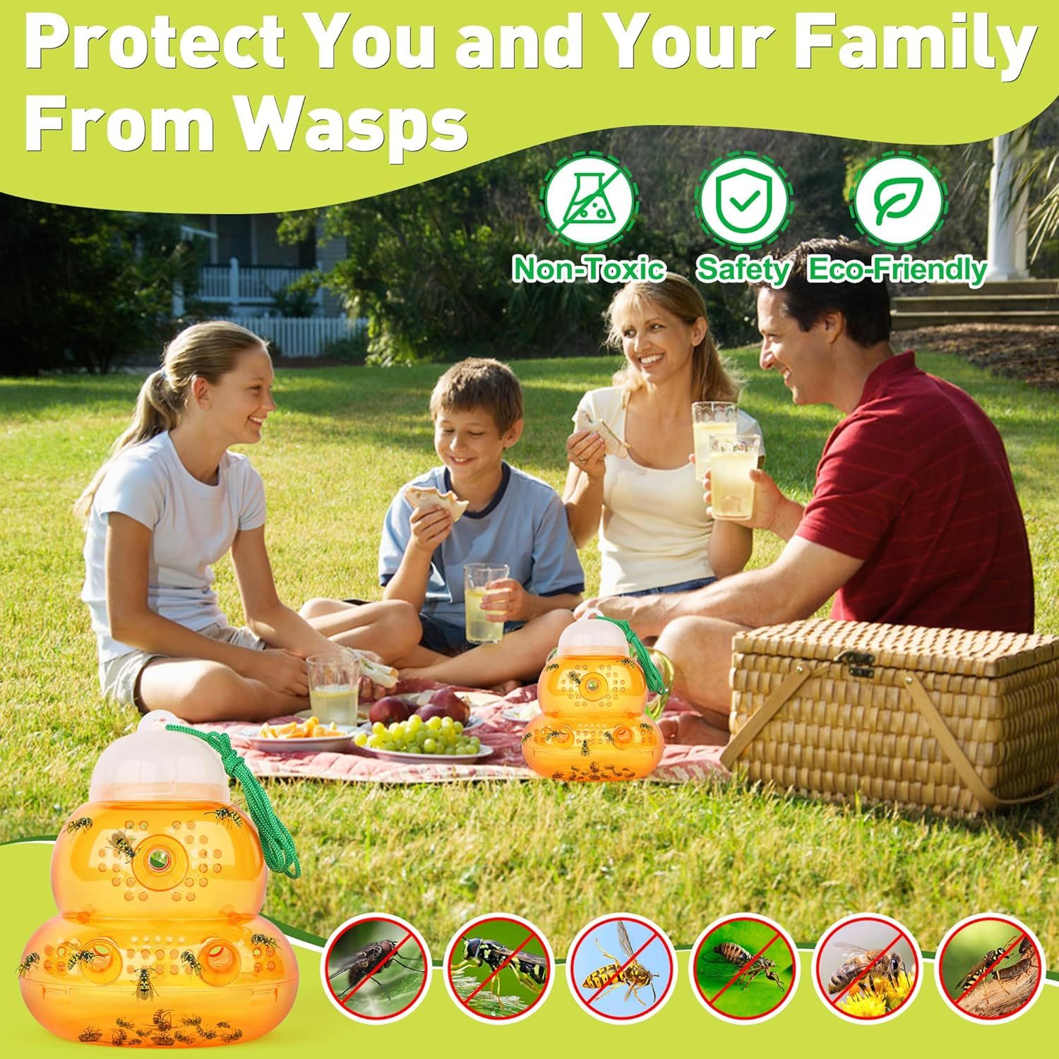 Wasp Trap 2 Pack Outdoor Hanging, Bee Traps Catcher, Wasp Deterrent Killer Insect Catcher, Non-Toxic Reusable Hornet Yellow Jacket Trap Hanging