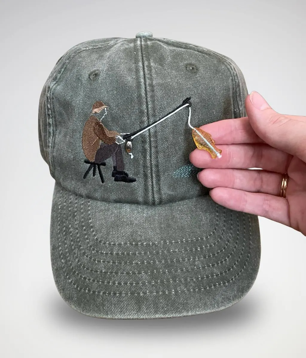 Embroidered Fisherman Hat with Pull-Up Glass Fish / Interactive Fishing Cap
