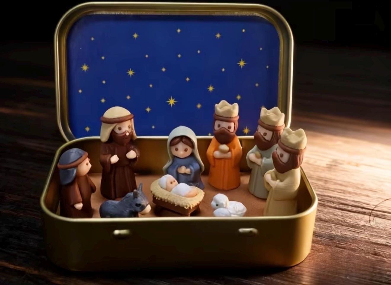 Miniature Nativity Scene in Tin Box, Pocket Manger