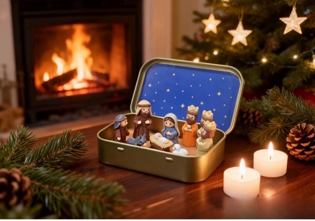 Miniature Nativity Scene in Tin Box, Pocket Manger