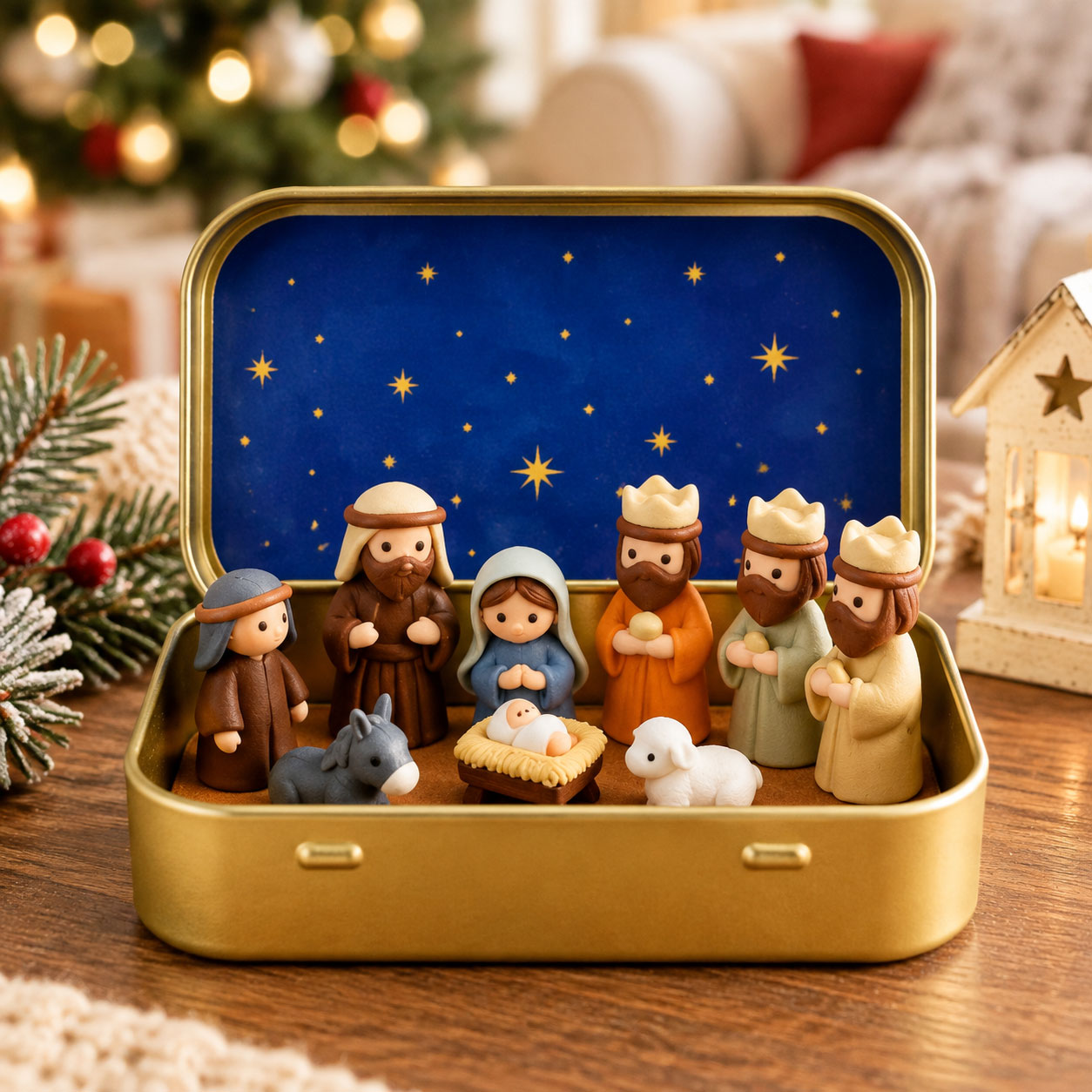 Miniature Nativity Scene in Tin Box, Pocket Manger