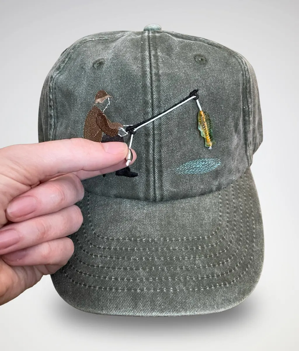 Embroidered Fisherman Hat with Pull-Up Glass Fish / Interactive Fishing Cap