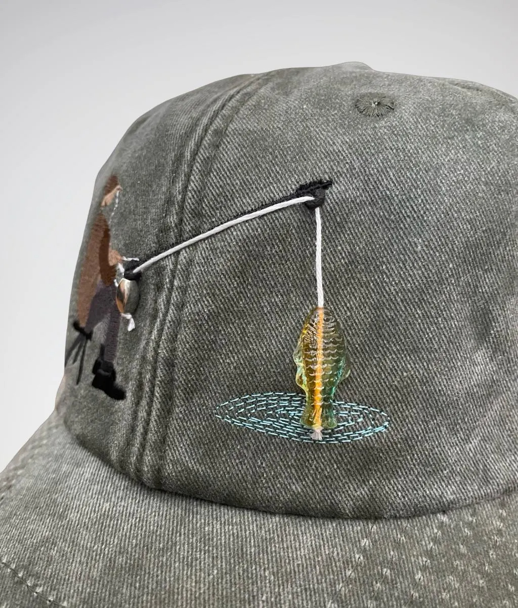 Embroidered Fisherman Hat with Pull-Up Glass Fish / Interactive Fishing Cap