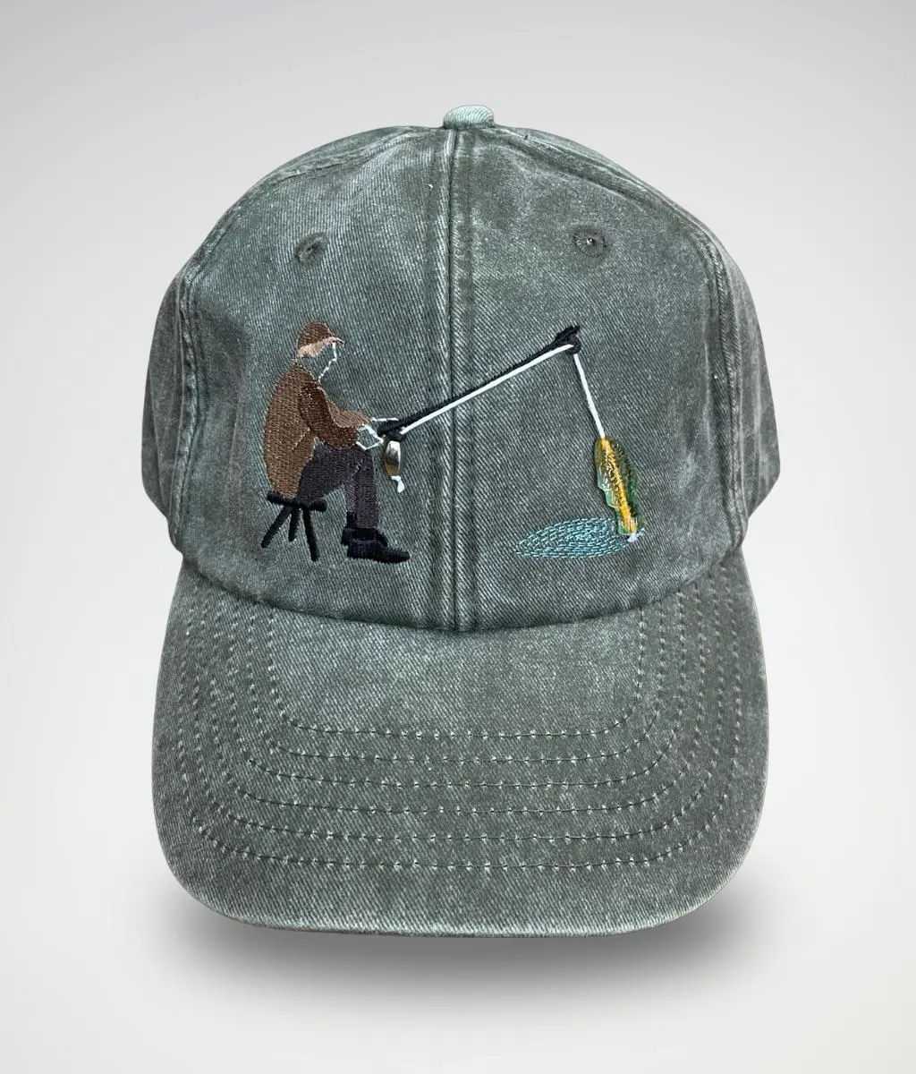 Embroidered Fisherman Hat with Pull-Up Glass Fish / Interactive Fishing Cap