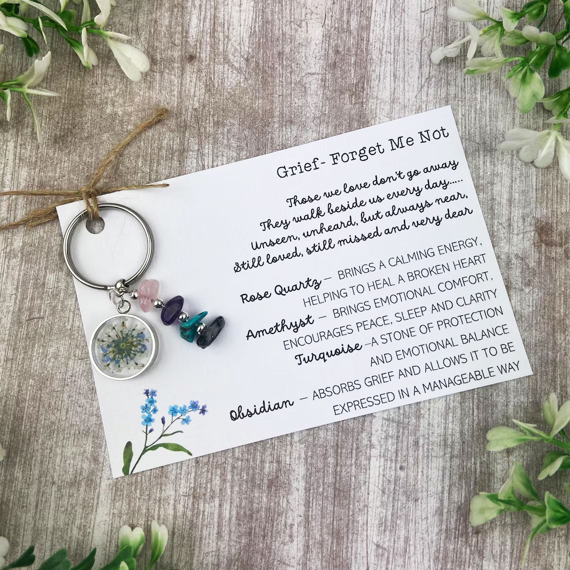 Forget Me Not Keyring with Healing Crystals / Sympathy Gift