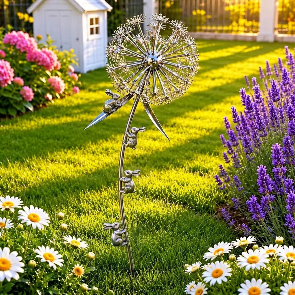 Whimsical Bunny & Dandelion Garden Stake