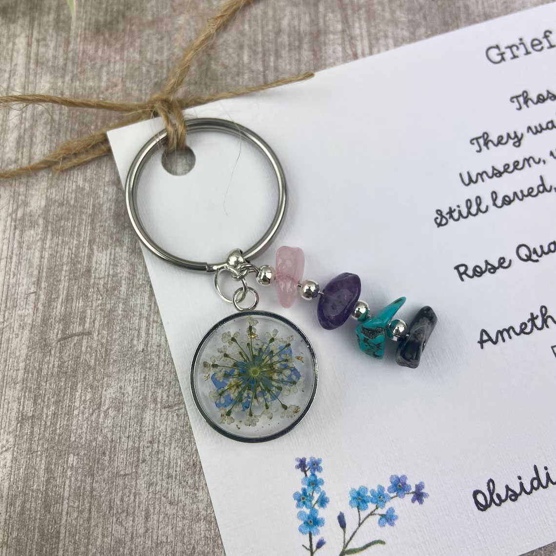Forget Me Not Keyring with Healing Crystals / Sympathy Gift