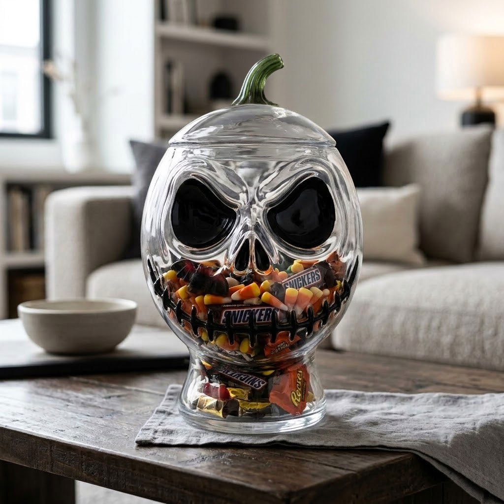 Halloween-themed glass candy jar