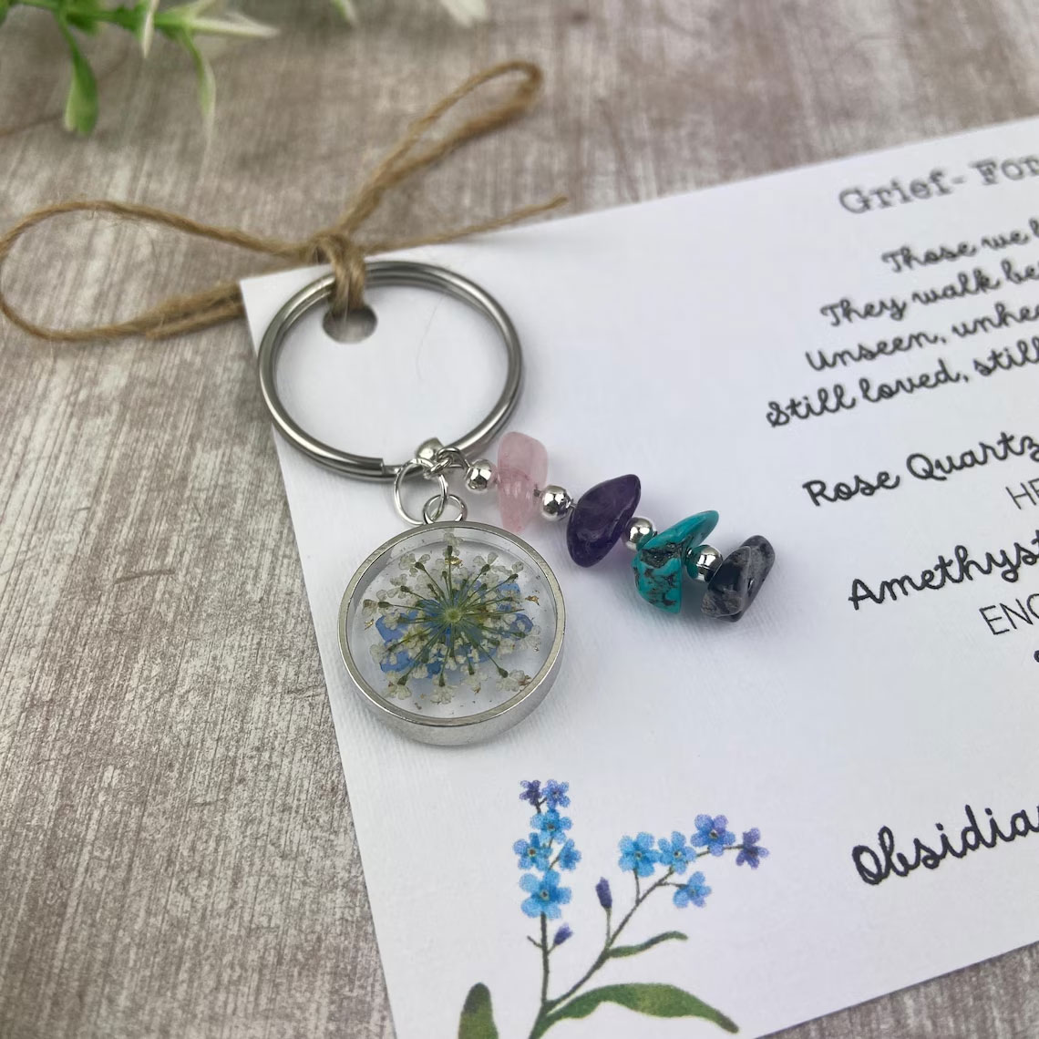 Forget Me Not Keyring with Healing Crystals / Sympathy Gift