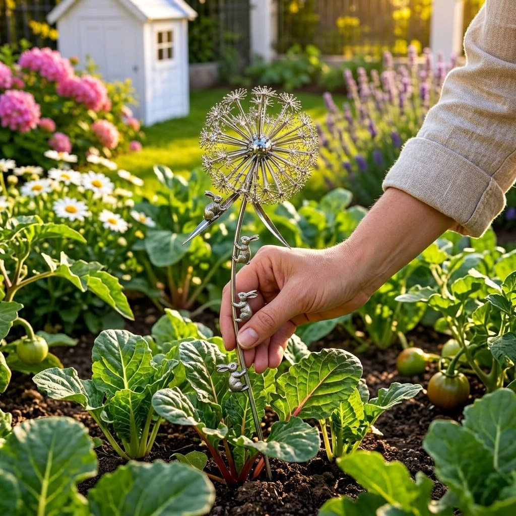 Whimsical Bunny & Dandelion Garden Stake