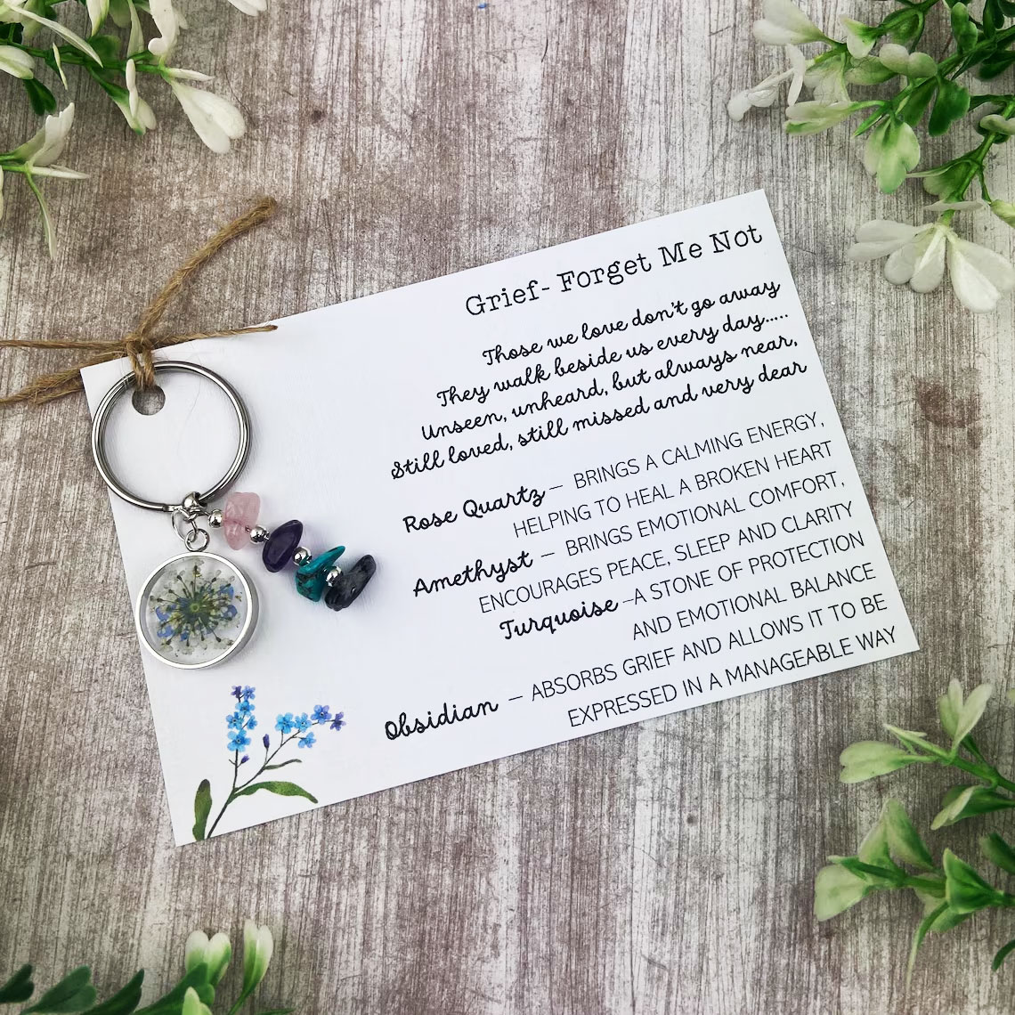 Forget Me Not Keyring with Healing Crystals / Sympathy Gift