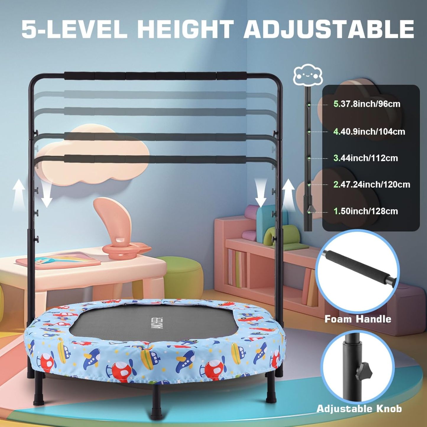 ANCHEER 56" Foldable Mini Trampoline with 5 Level Adjustable Handle Bar