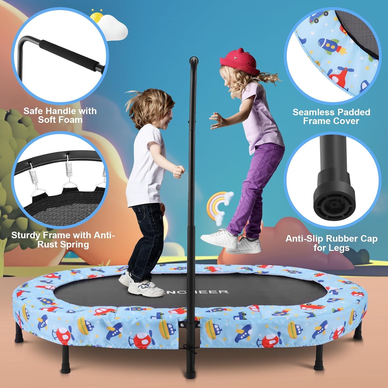 ANCHEER 56" Foldable Mini Trampoline with 5 Level Adjustable Handle Bar