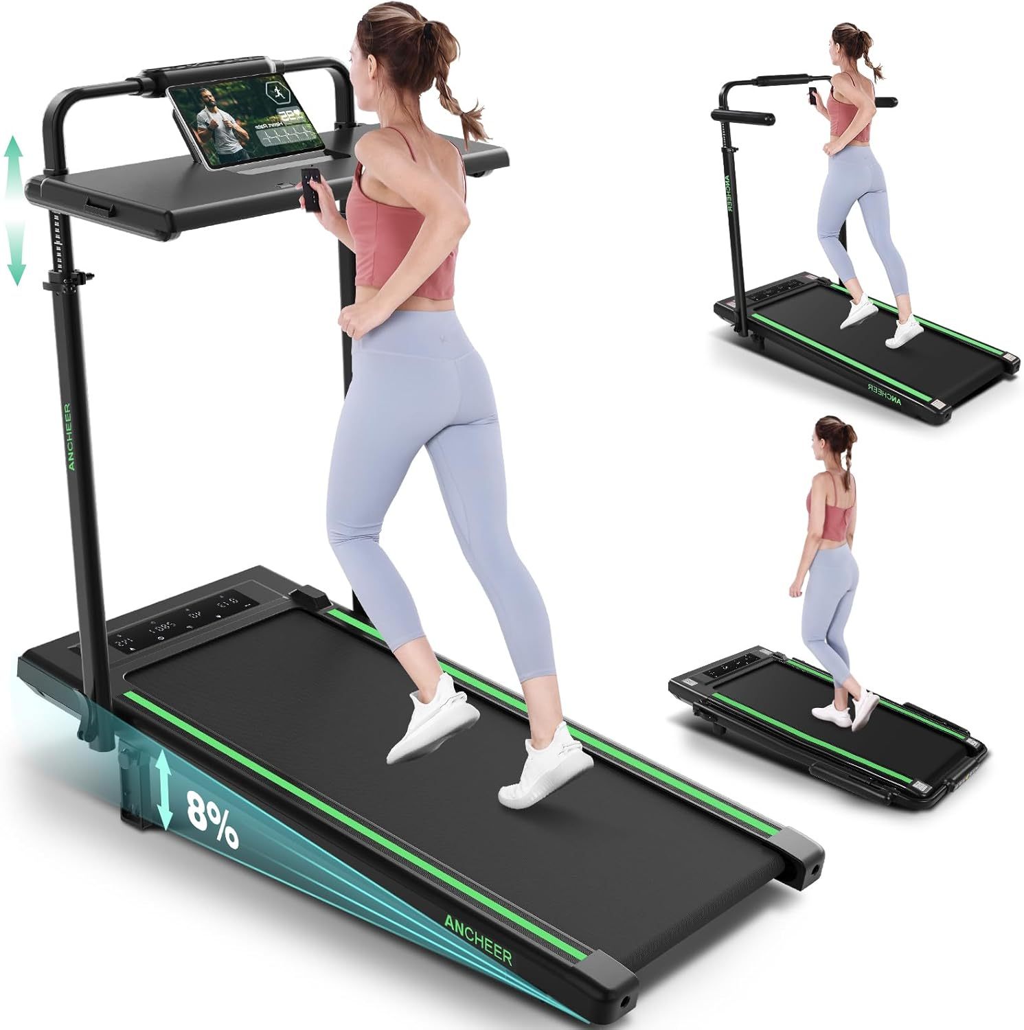ANCHEER Walking Pad with Desk 47-50.5 Inch Adjustable Height, 8 in 1 Treadmill with 8% Incline for Home Workstation
