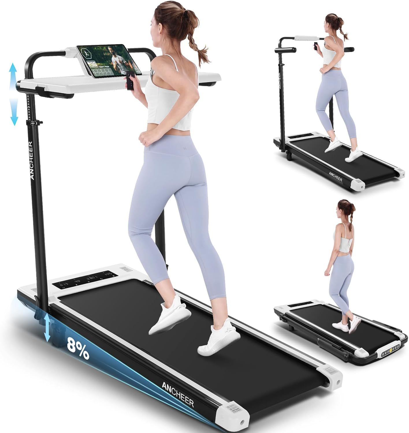ANCHEER Walking Pad with Desk 47-50.5 Inch Adjustable Height, 8 in 1 Treadmill with 8% Incline for Home Workstation