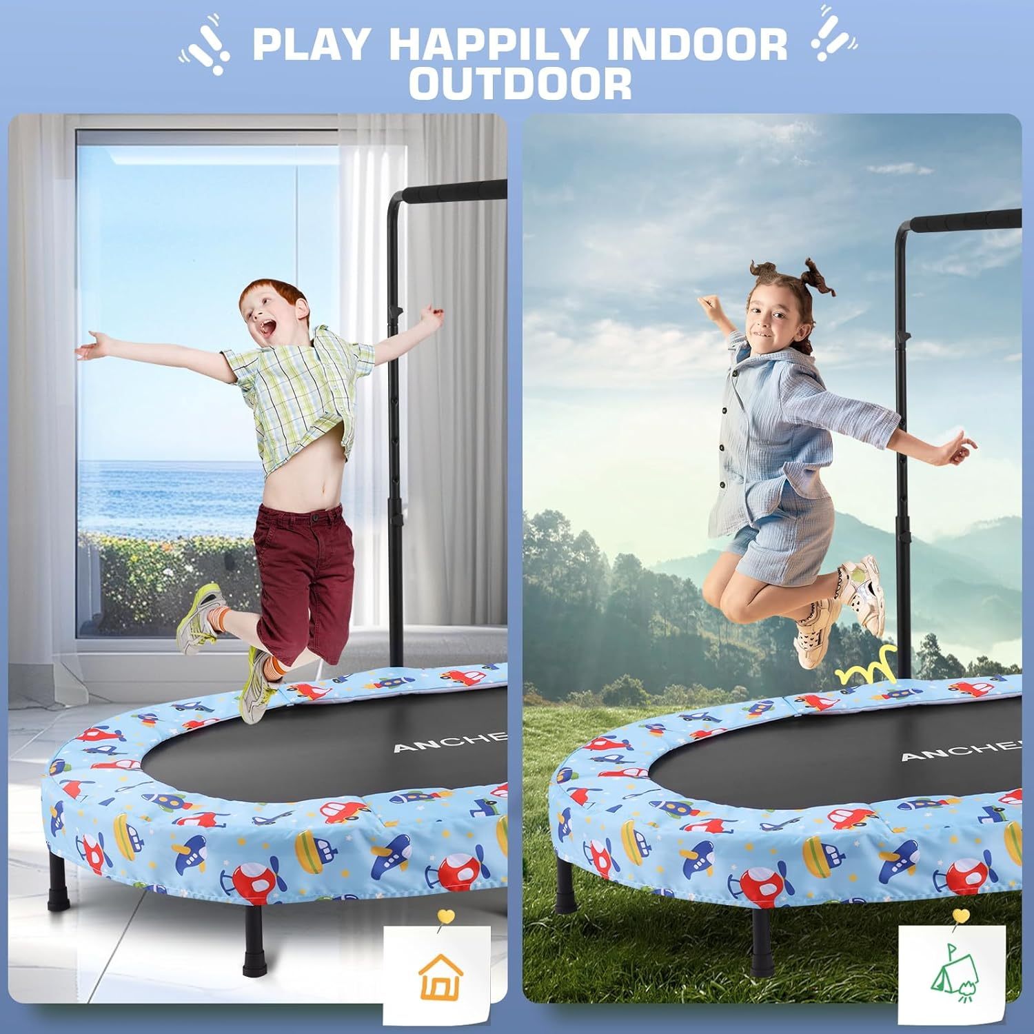 ANCHEER 56" Foldable Mini Trampoline with 5 Level Adjustable Handle Bar