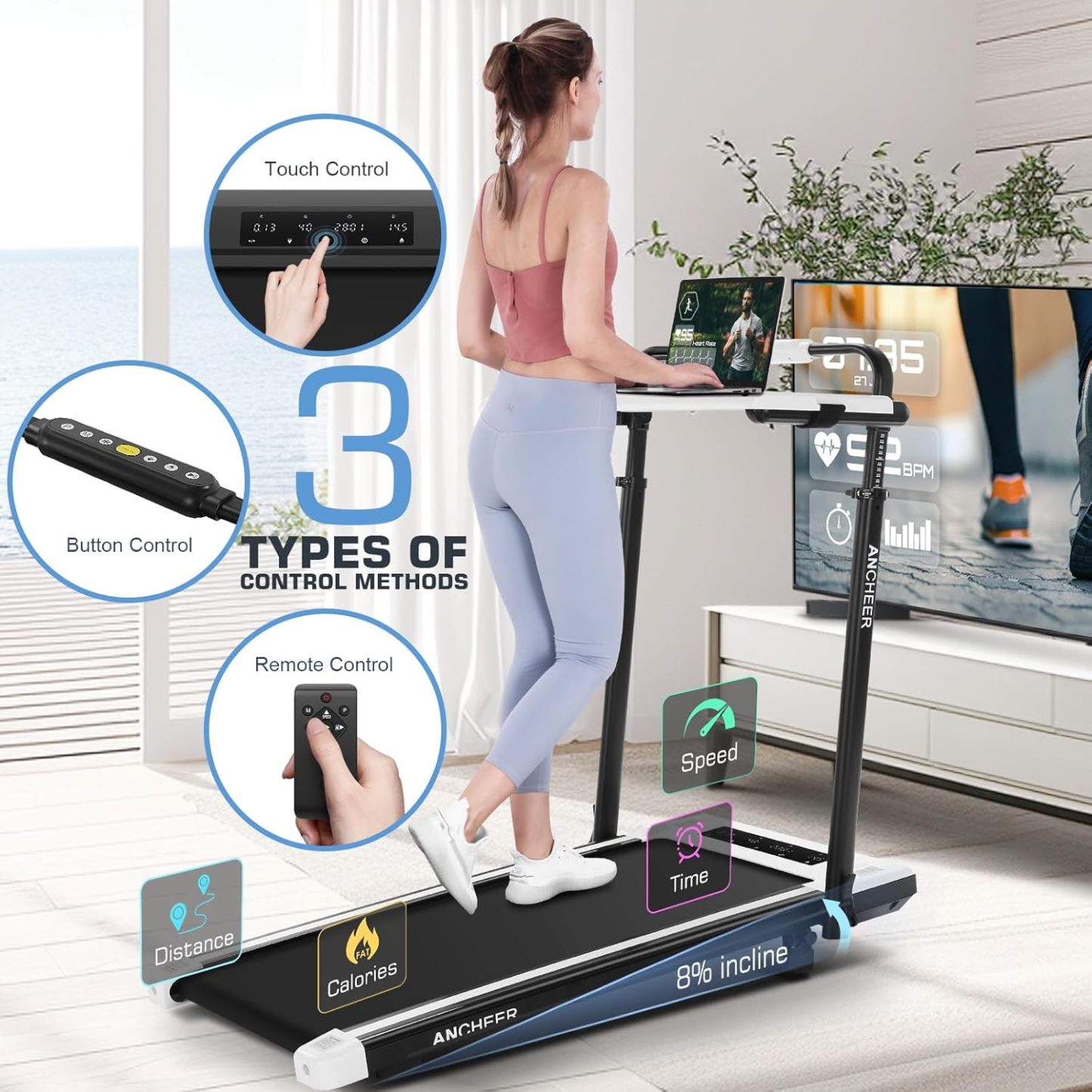 ANCHEER Walking Pad with Desk 47-50.5 Inch Adjustable Height, 8 in 1 Treadmill with 8% Incline for Home Workstation
