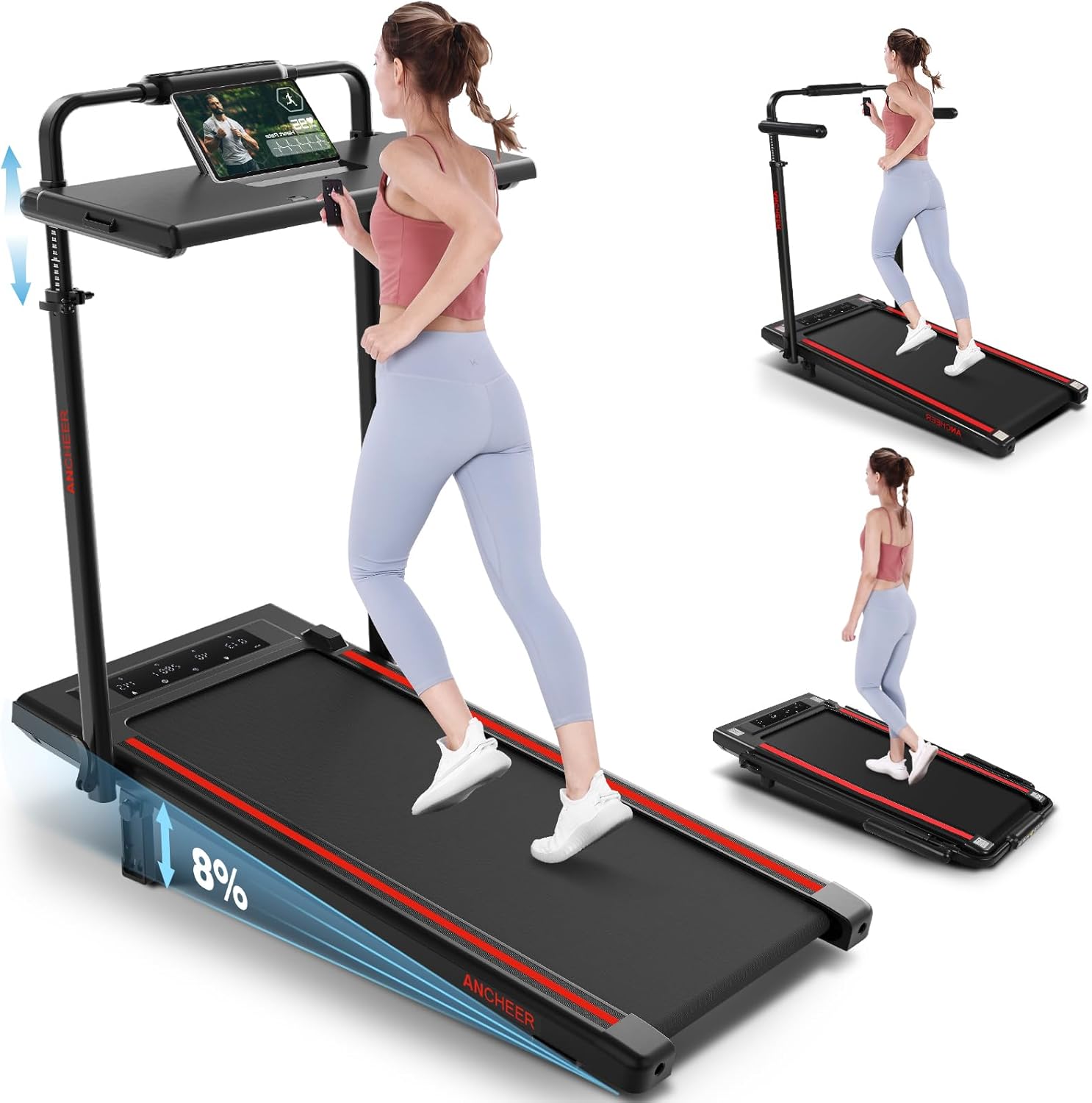 ANCHEER Walking Pad with Desk 47-50.5 Inch Adjustable Height, 8 in 1 Treadmill with 8% Incline for Home Workstation