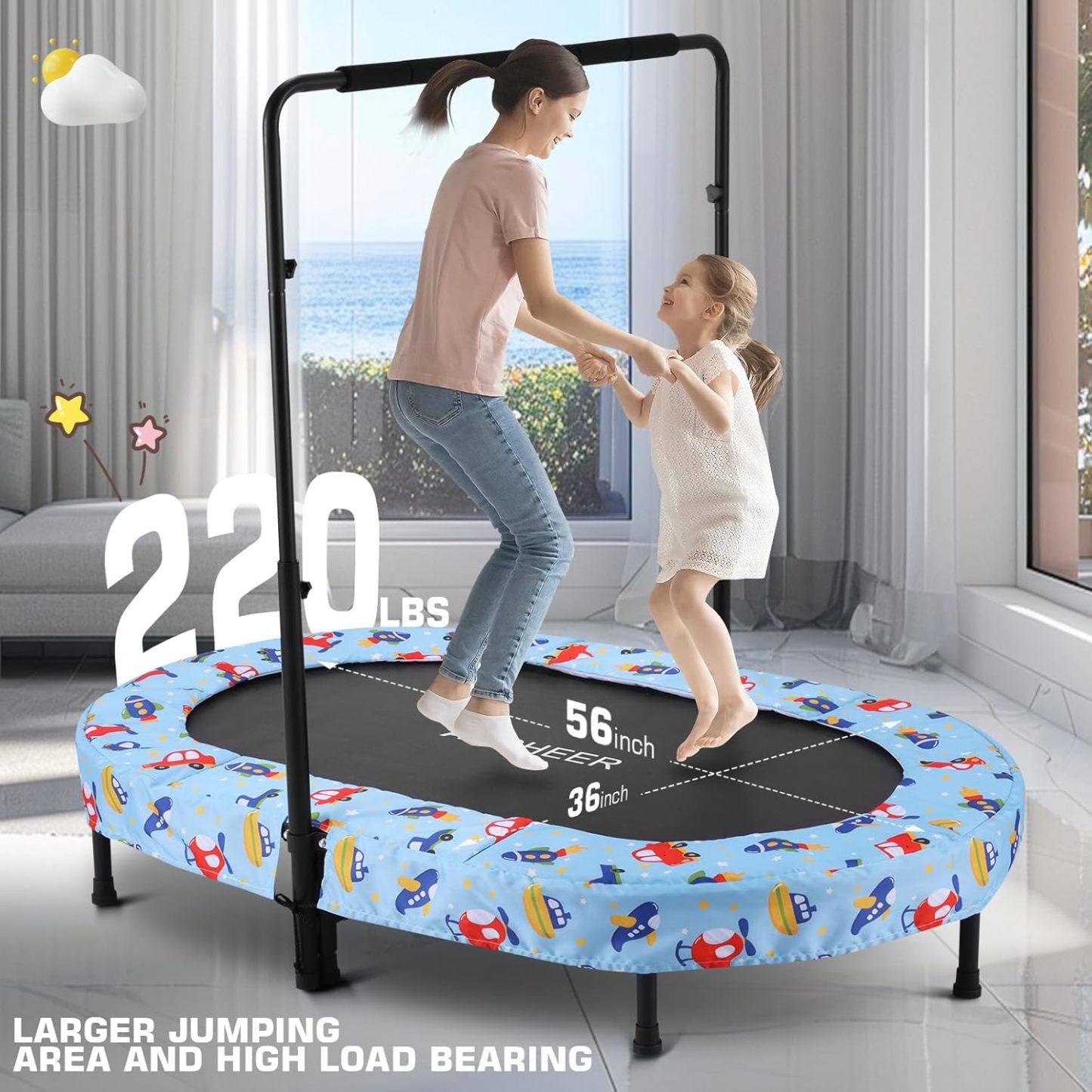 ANCHEER 56" Foldable Mini Trampoline with 5 Level Adjustable Handle Bar