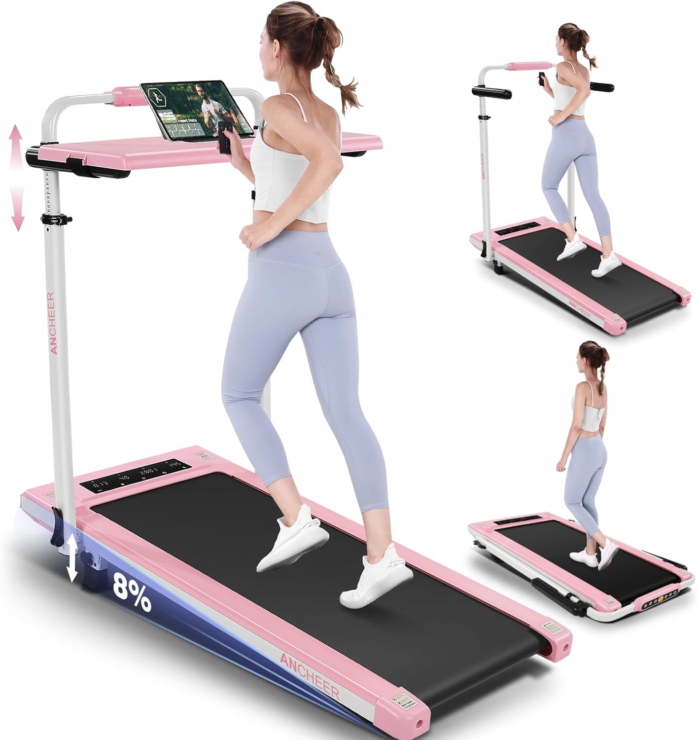 ANCHEER Walking Pad with Desk 47-50.5 Inch Adjustable Height, 8 in 1 Treadmill with 8% Incline for Home Workstation