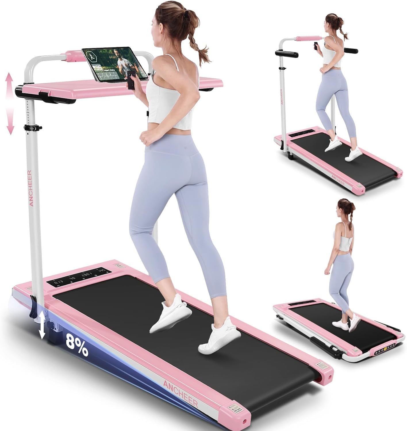ANCHEER Walking Pad with Desk 47-50.5 Inch Adjustable Height, 8 in 1 Treadmill with 8% Incline for Home Workstation
