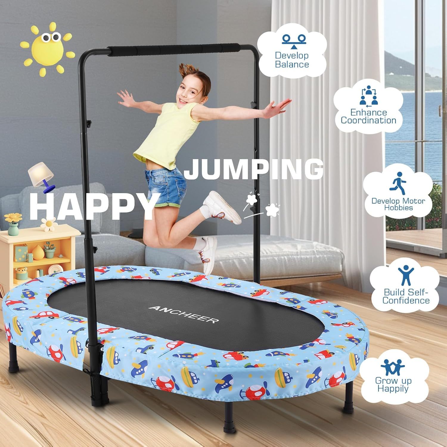 ANCHEER 56" Foldable Mini Trampoline with 5 Level Adjustable Handle Bar