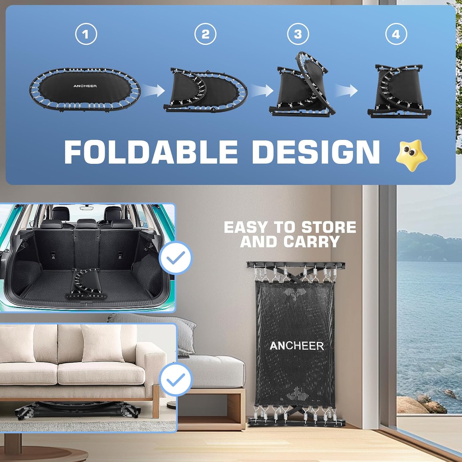 ANCHEER 56" Foldable Mini Trampoline with 5 Level Adjustable Handle Bar