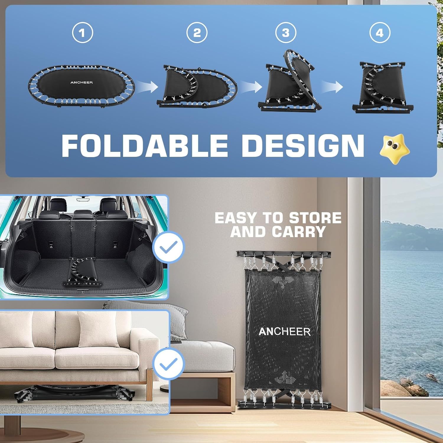 ANCHEER 56" Foldable Mini Trampoline with 5 Level Adjustable Handle Bar