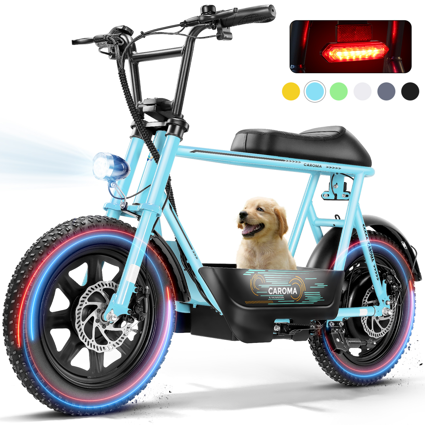 Caroma Electric Scooter with Seat, 16 * 3" Fat Tire Ebike for All-Terrain, 20MPH Electric Motorcycle for Adults with Storage Basket