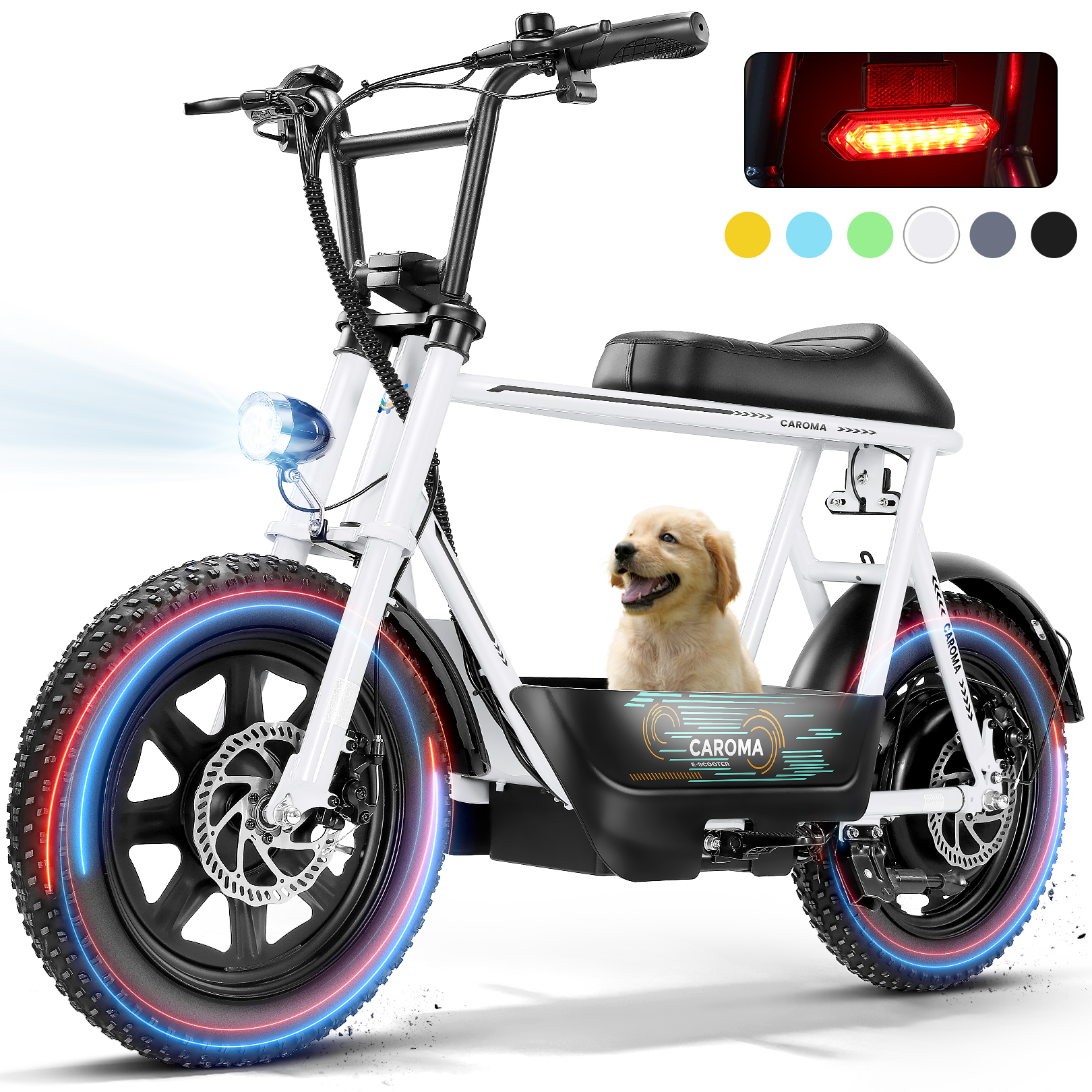 Caroma Electric Scooter with Seat, 16 * 3" Fat Tire Ebike for All-Terrain, 20MPH Electric Motorcycle for Adults with Storage Basket