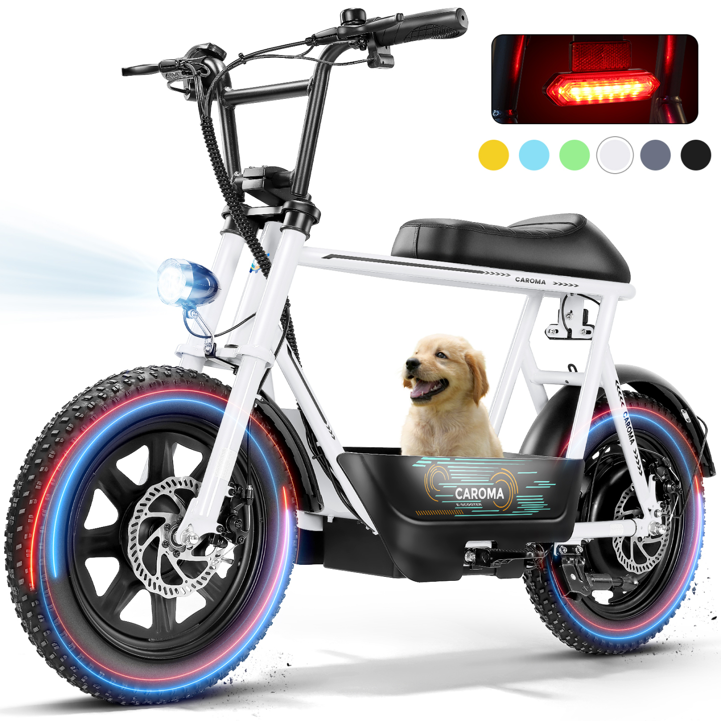 Caroma Electric Scooter with Seat, 16 * 3" Fat Tire Ebike for All-Terrain, 20MPH Electric Motorcycle for Adults with Storage Basket