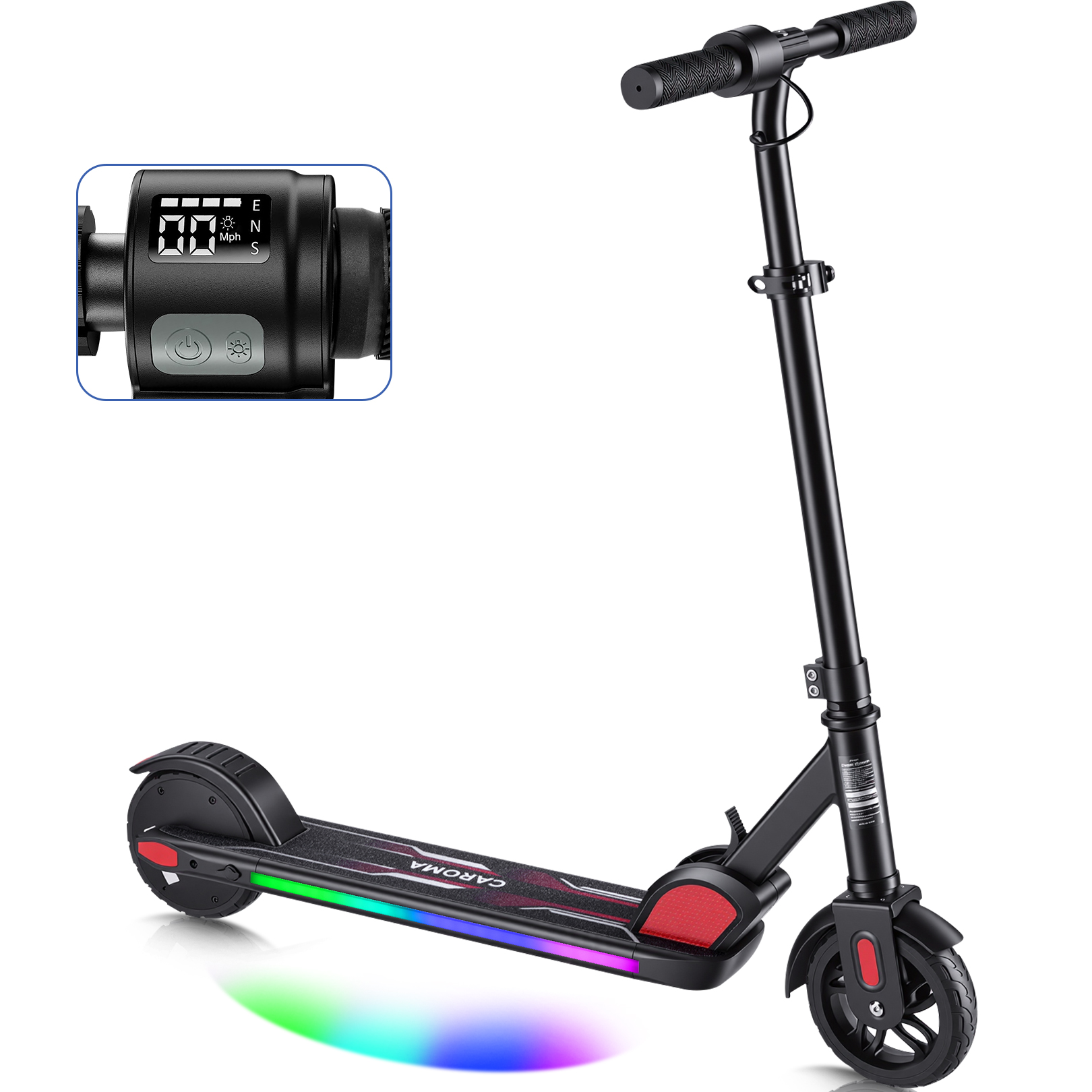 Caroma E35 Kids Electric Scooter for Ages 8-12, 150W Motor Up to 7 Miles Range & 10 MPH Speed, LED Display, Colorful Rainbow Lights, Adjustable Height, Foldable & Lightweight Design