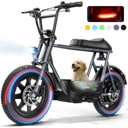 Caroma Electric Scooter with Seat, 16 * 3" Fat Tire Ebike for All-Terrain, 20MPH Electric Motorcycle for Adults with Storage Basket