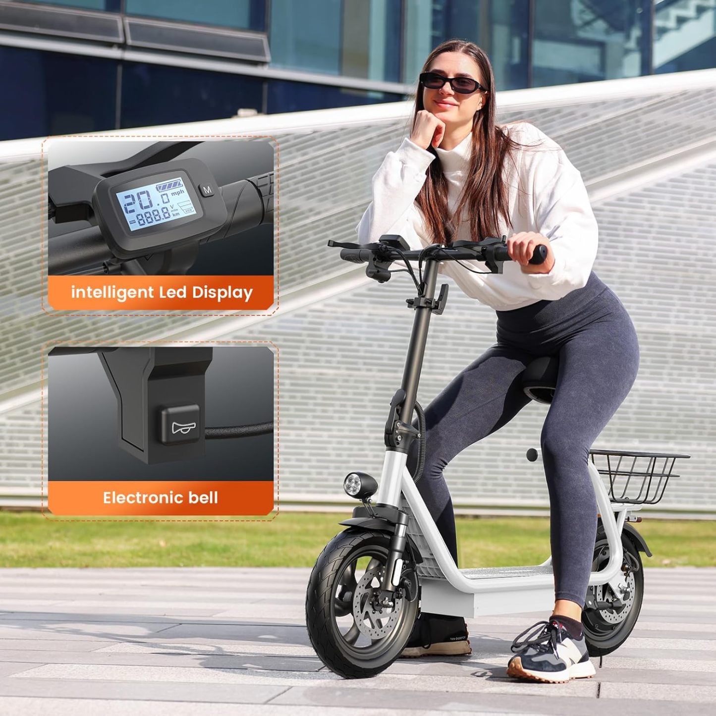 Caroma Peak 560W Foldable Adult Electric Scooter with Seat & Basket & Height Adjustable Seat Q1