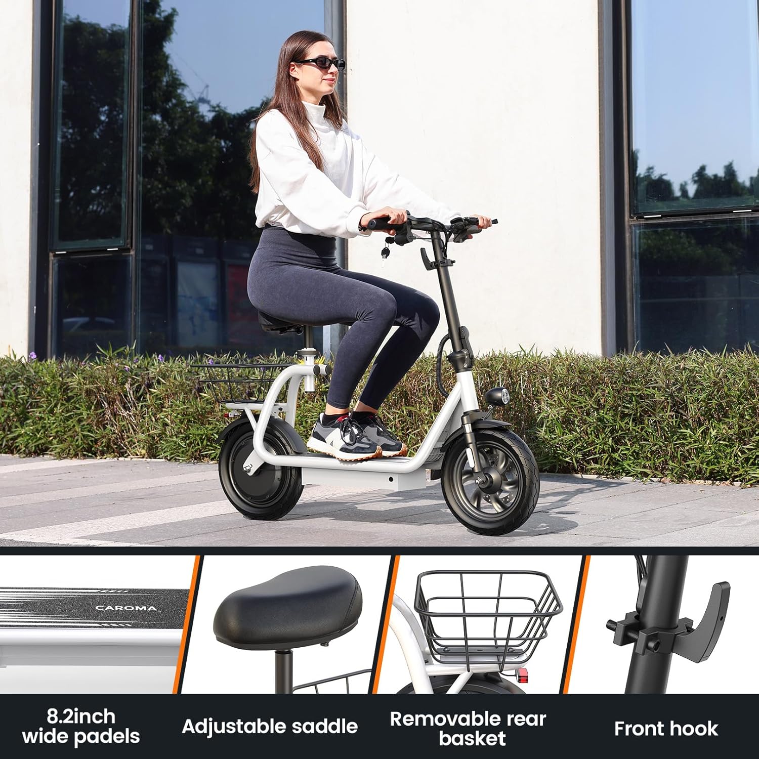 Caroma Peak 560W Foldable Adult Electric Scooter with Seat & Basket & Height Adjustable Seat Q1