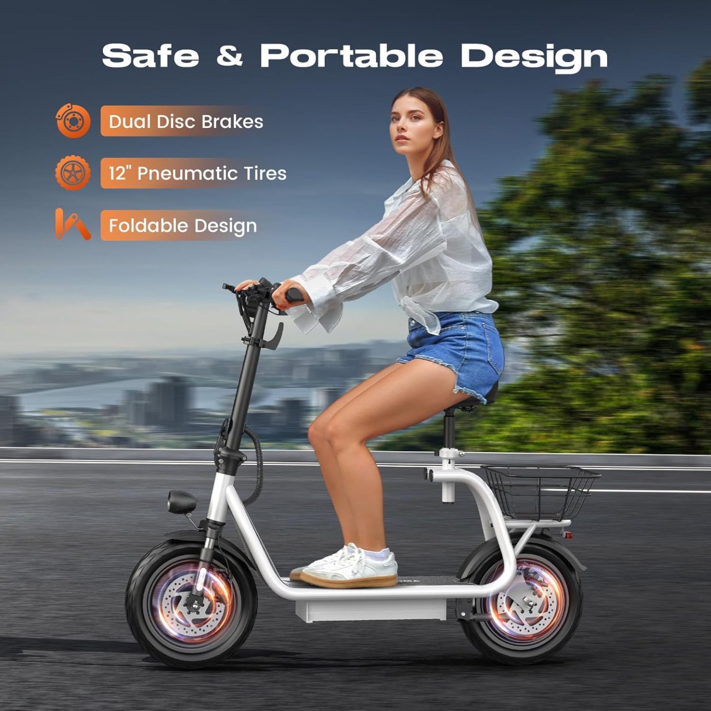 Caroma Peak 560W Foldable Adult Electric Scooter with Seat & Basket & Height Adjustable Seat Q1