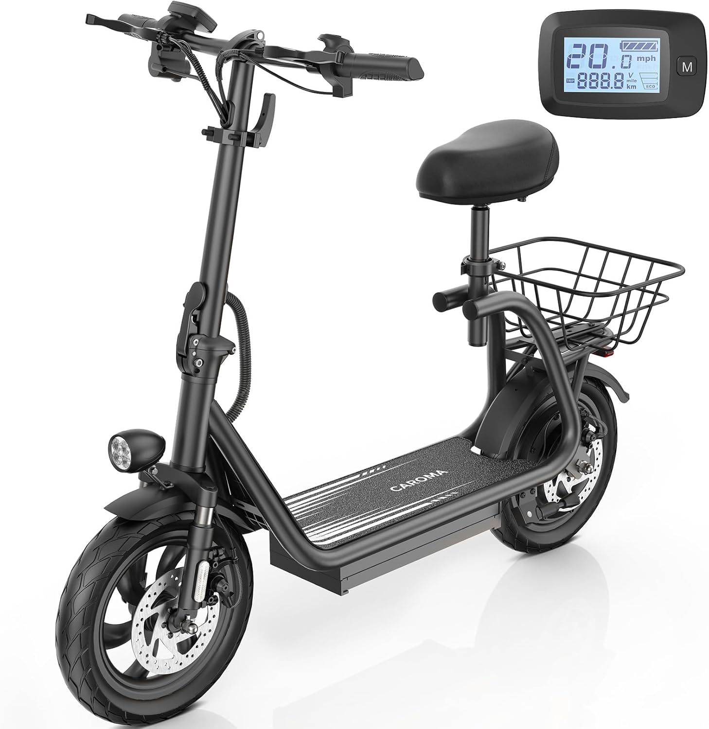Caroma Peak 819W Foldable Adult Electric Scooter with Seat & Basket & Height Adjustable Seat Q2