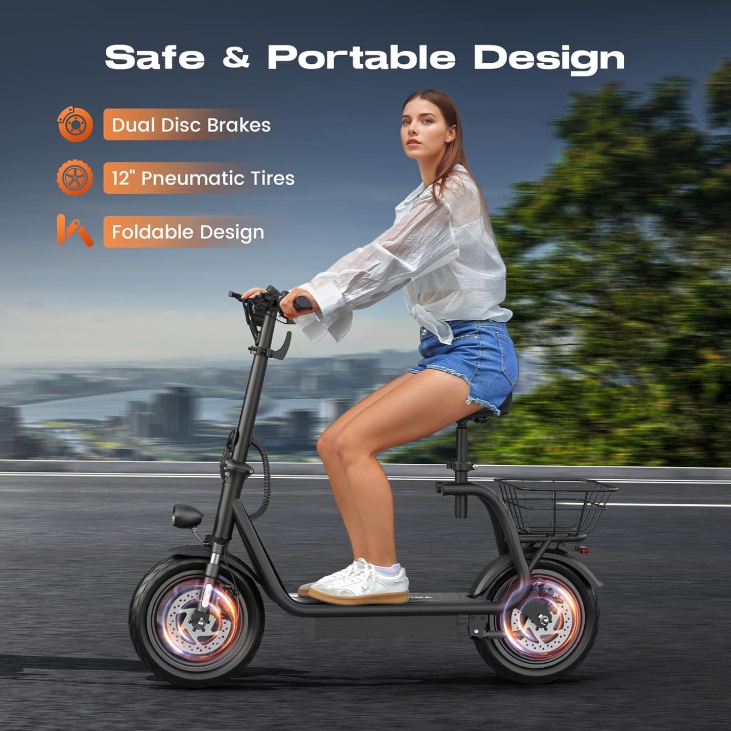 Caroma Peak 819W Foldable Adult Electric Scooter with Seat & Basket & Height Adjustable Seat Q2