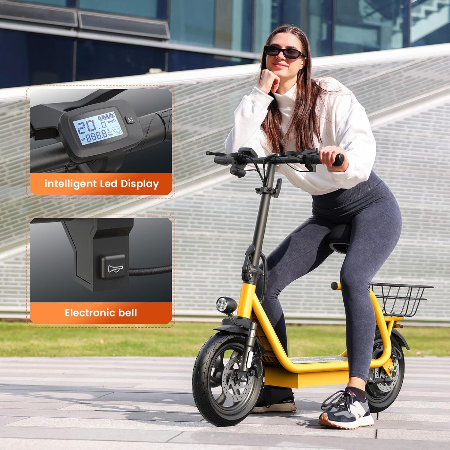 Caroma Peak 1200W Foldable Adult Electric Scooter with Seat & Basket & Height Adjustable Seat Q3