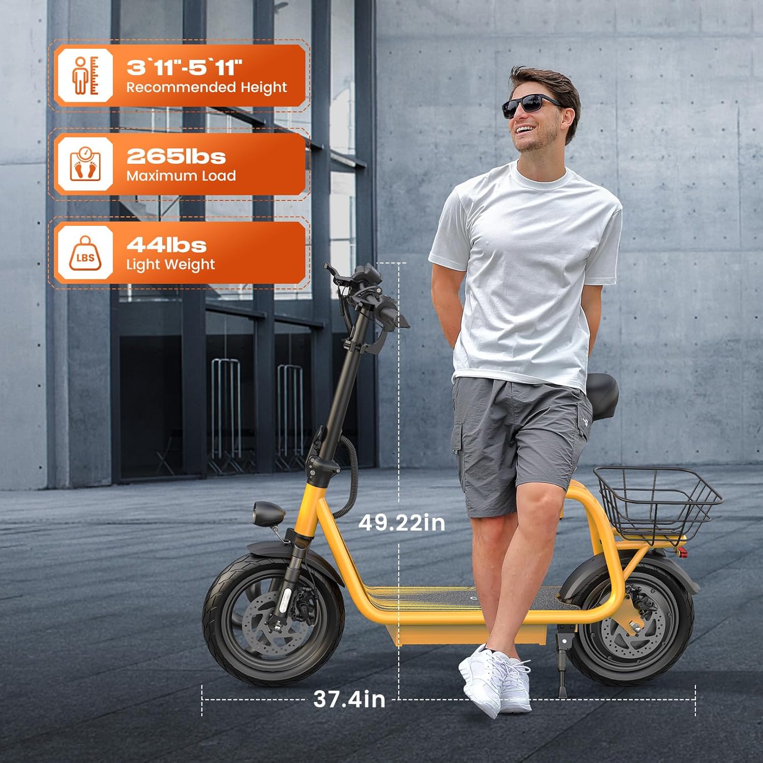 Caroma Peak 1200W Foldable Adult Electric Scooter with Seat & Basket & Height Adjustable Seat Q3