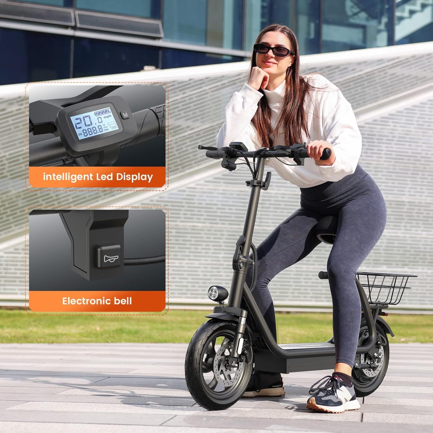 Caroma Peak 819W Foldable Adult Electric Scooter with Seat & Basket & Height Adjustable Seat Q2