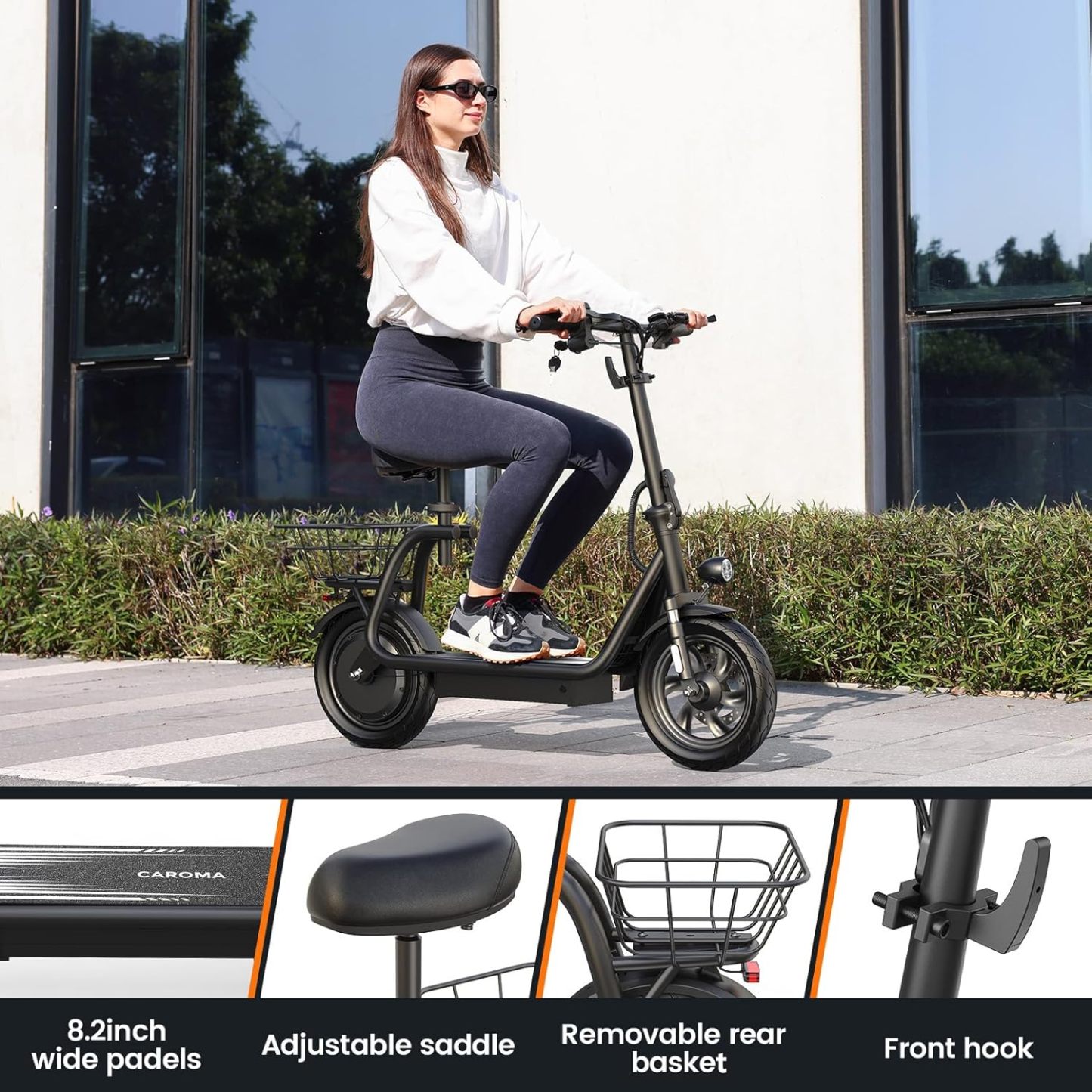 Caroma Peak 819W Foldable Adult Electric Scooter with Seat & Basket & Height Adjustable Seat Q2