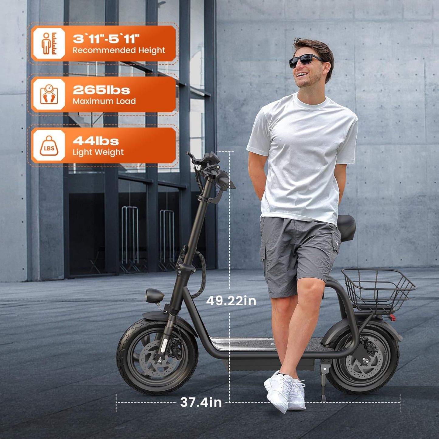 Caroma Peak 819W Foldable Adult Electric Scooter with Seat & Basket & Height Adjustable Seat Q2