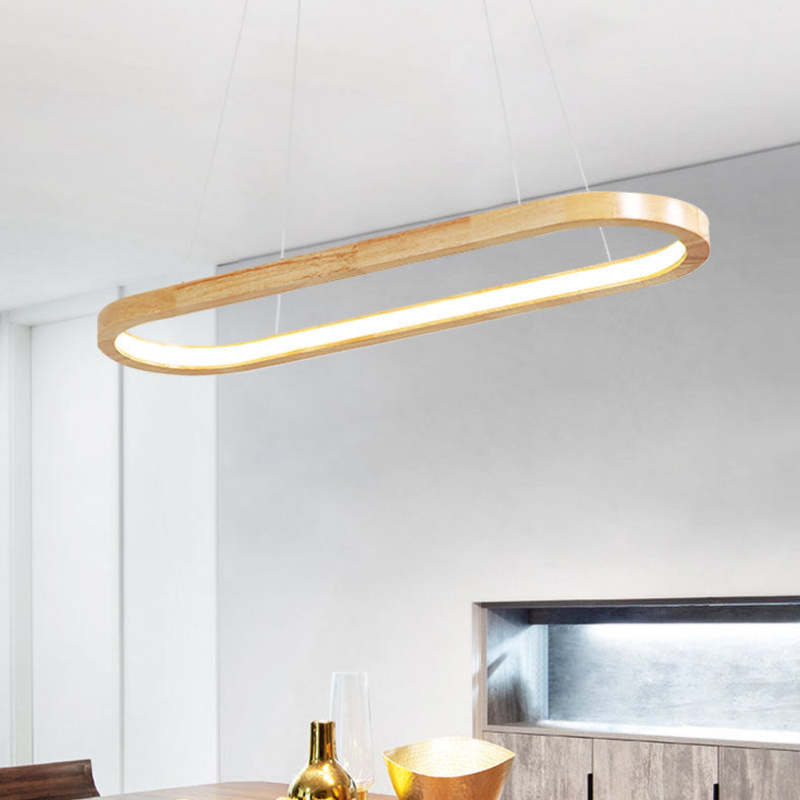 Nordic Log Wooden Led Strip Linear Pendant Lamp For Dining Room