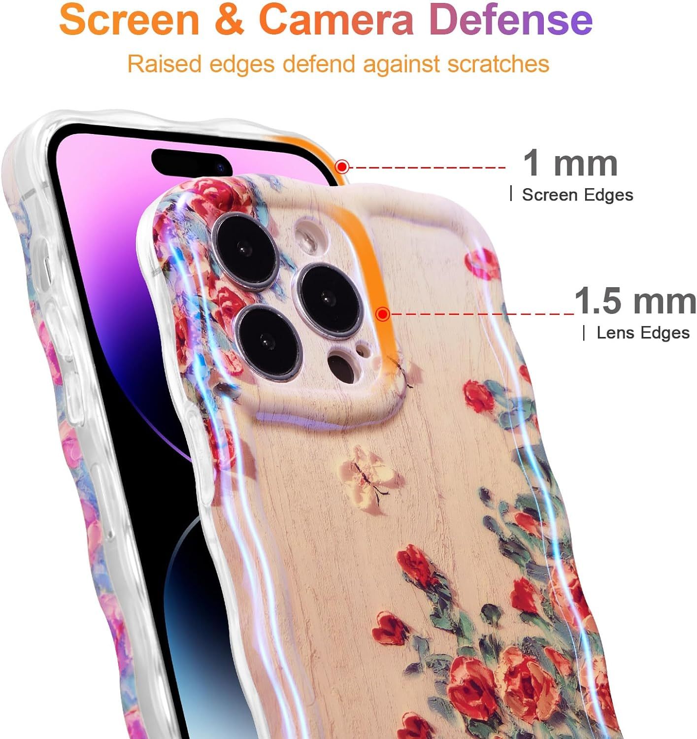Wellemp Case for iPhone 15 Pro Max, Colorful Retro Oil Painting Printed Flower Laser Glossy Pattern Cute Curly Wave Edge Exquisite Phone Cover Stylish Durable TPU Protective Case for Girls Women