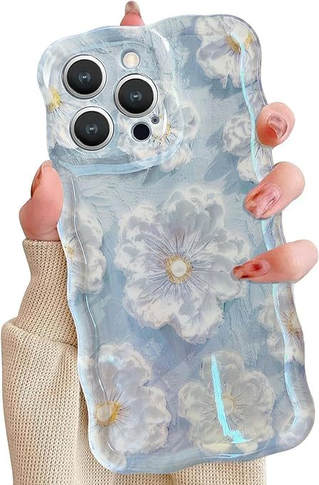 Wellemp Case for iPhone 15 Pro Max, Colorful Retro Oil Painting Printed Flower Laser Glossy Pattern Cute Curly Wave Edge Exquisite Phone Cover Stylish Durable TPU Protective Case for Girls Women