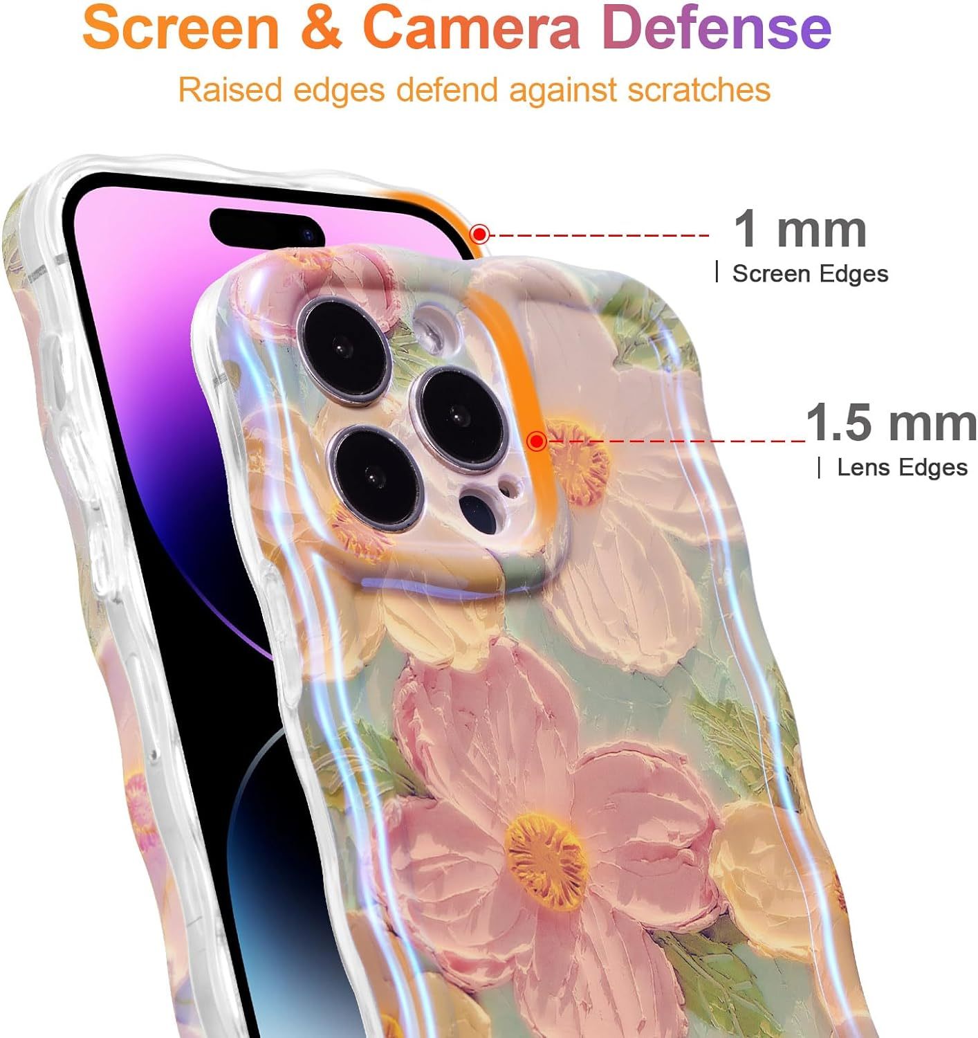 Wellemp Case for iPhone 15 Pro Max, Colorful Retro Oil Painting Printed Flower Laser Glossy Pattern Cute Curly Wave Edge Exquisite Phone Cover Stylish Durable TPU Protective Case for Girls Women