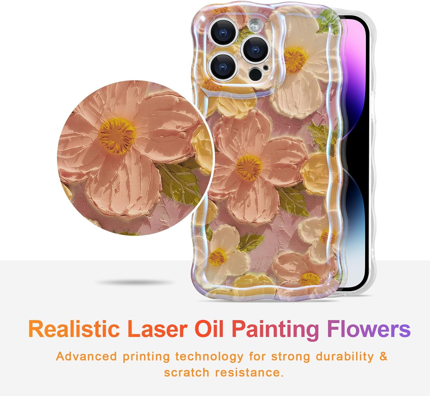Wellemp Case for iPhone 15 Pro Max, Colorful Retro Oil Painting Printed Flower Laser Glossy Pattern Cute Curly Wave Edge Exquisite Phone Cover Stylish Durable TPU Protective Case for Girls Women