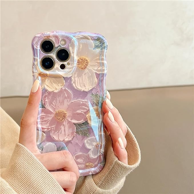Wellemp Case for iPhone 15 Pro Max, Colorful Retro Oil Painting Printed Flower Laser Glossy Pattern Cute Curly Wave Edge Exquisite Phone Cover Stylish Durable TPU Protective Case for Girls Women