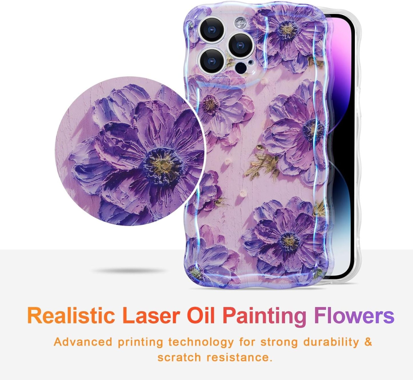 Wellemp Case for iPhone 15 Pro Max, Colorful Retro Oil Painting Printed Flower Laser Glossy Pattern Cute Curly Wave Edge Exquisite Phone Cover Stylish Durable TPU Protective Case for Girls Women